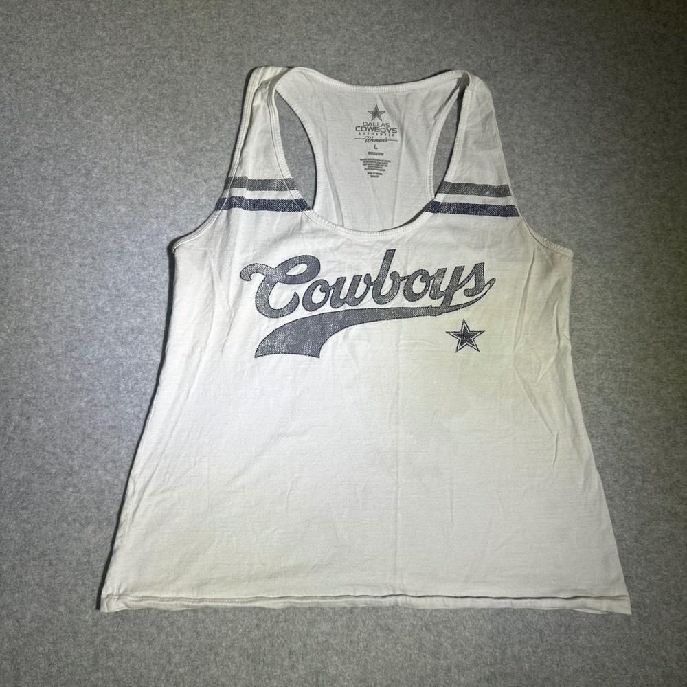 Dallas Cowboys Authentic Womens Racerback Tank Top White Blue Size L Distressed